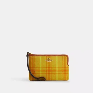 Corner Zip Wristlet In Regenerative Cotton With Plaid Print