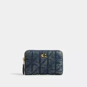 Essential Small Zip Around Card Case In Regenerative Cotton Denim With Quilting